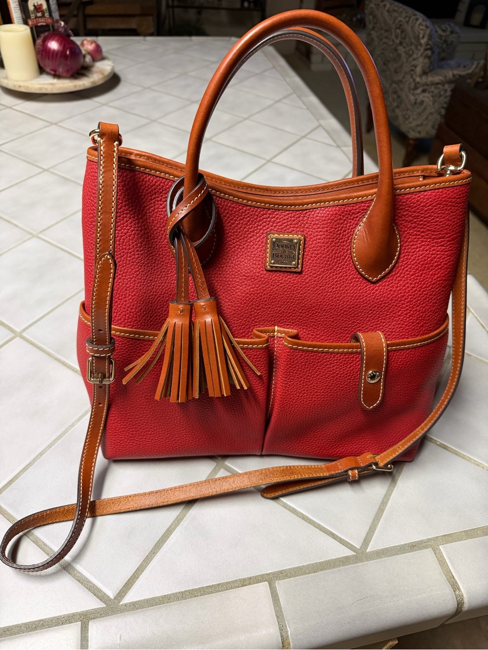 Dooney & Bourke Red Pebble Leather Tote with Tan Trim and matching wallet